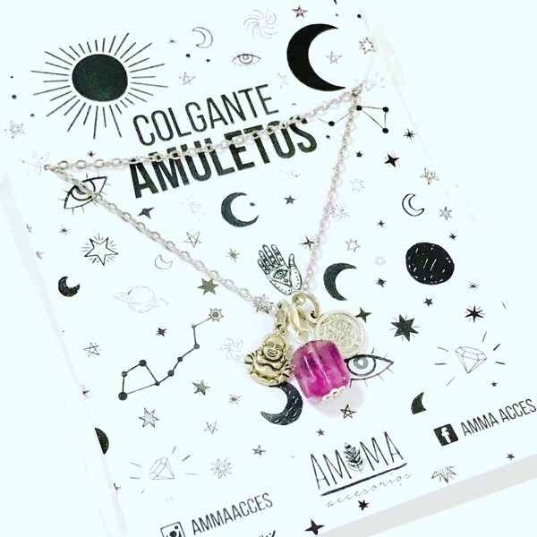 Colgante de acero quirúrgico con piedra natural AMATISTA, buda y san benito $1300