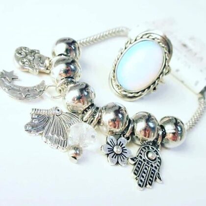 Pulsera MULTIDIJE $550 / Anillo de PIEDRA DE LA LUNA de alpaca regulable $1200